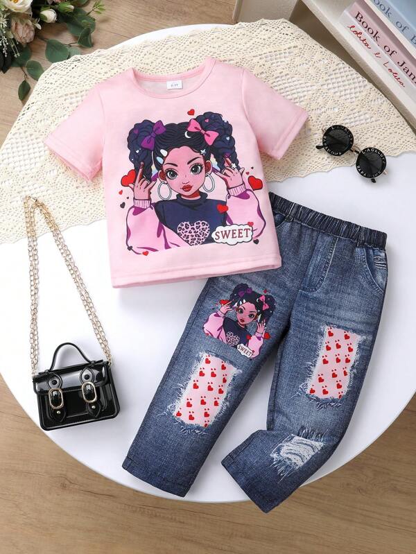 Set de 2 piezas, Conjunto adorable para niñas, de tela suave, transpirable y cómoda, con estampado de personajes de dibujos animados en la parte superior de cuello redondo y manga corta, y pantalones largos con gráfico de corazón, adecuado para uso casual, diario, vacaciones y fiesta