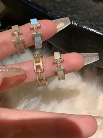 1 件/4 件套字母“H”珐琅微镶嵌锆石戒指，奢华感开口戒指适合女性日常生活、旅行、约会、晚会、海滩度假、返校、毕业、节日和派对礼物