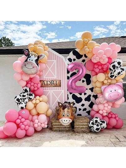146pcs/Set Farm Theme Balloon Garland Arch Set, 32" Pink 1-9 Number Foil Balloons, Cow Pig Farm Animals Birthday Party Decorations