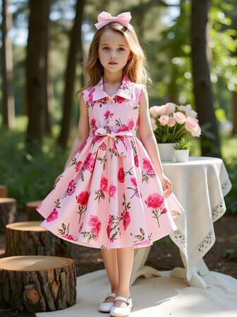 Spring/Summer Tween Girl Elegant Floral Digital Print Sleeveless Dress With Belt, Fitted Waist Style Ankle Length Long Dress, Suitable For Casual, Leisure, Holiday Wear