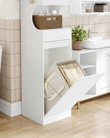HEXCELEN Bathroom Cabinet With Laundry Basket, Tall Bathroom Cabinet, Laundry Bag, With Foldable Laundry Basket, Door And Drawer, Adjustable Shelf, White 40 X 40 X 174 Cm - 白色 - 查看 3