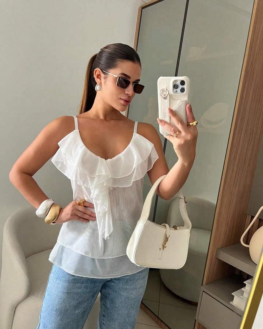 Elegant Boho Sheer Ruffled Tank Top - White - View 1