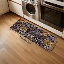 1 pieza Alfombra suave de cocina, Felpudo lavable antideslizante, Alfombra camino, Felpudo, Juego de alfombrillas de baño, sala de estar, lavandería, Alfombra de área, Decorativa apta para cocina, sala de estar, entrada, balcón, decoración del hogar, anti-suciedad, cafetería, bar, fiesta, regalo festivo, Alfombra de piso de dormitorio, Alfombra de baño, Decoración de habitación, Decoración de cocina, Diseño de reno en marco azul y blanco a rayas de fondo colorido