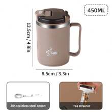 1pc 450/500ml 304 Stainless Steel Coffee Mug With Tea Strainer & Folding Spoon, Double Layer Thermal Insulated Coffee Cup With Handle, Leak-Proof Milk Tea Water Cup, Anti Scalding Drinking Cup Drinkware For Hot & Cold Water, Suitable For Adults & Students Use In Kitchen, School, Office, Dorm, Party, Picnic And Camping