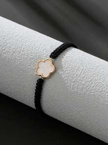 1pc Black Enamel Flower Handmade Adjustable Bracelet, Suitable As Father's Day Or Mother's Day Gift - White - View 3