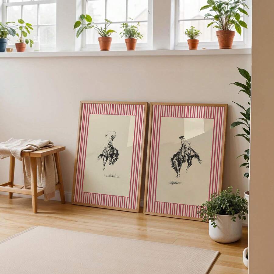 1/2 Stück Vintage gestreifte Rodeo Wandkunst Bild Westernkowboy Leinwanddrucke Malereien Retro Pferde Poster Rustikale Mitte des Jahrhunderts moderne Dekoration für Schlafzimmer, Wohnzimmer oder Büro Raumdekoration Geschenk für sie, ungerahmt - Verschiedenfarbig - Übersicht 1