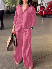 Cardigan casual léger à col polo, blouse élégante de couleur unie polyvalente, convenant pour la plage, le quotidien, les déplacements, le travail, les courses. Tissu doux, pantalon ample à taille élastique, ensemble 2 pièces, printemps/été/automne - Rose vif - Voir 7