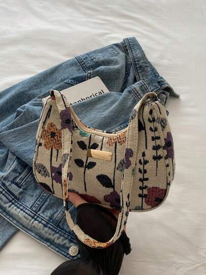 Bolso de hombro de unicolor, de moda y versátil, con nuevo estampado floral, bolso cuadrado pequeño tipo baguette minimalista casual para mujeres