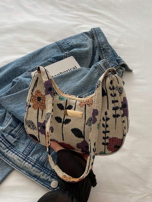 Bolso de hombro de unicolor, de moda y versátil, con nuevo estampado floral, bolso cuadrado pequeño tipo baguette minimalista casual para mujeres