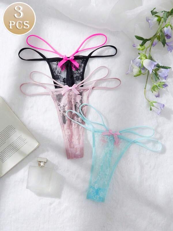 3pcs Women Sexy Lace Bow Thong Panties