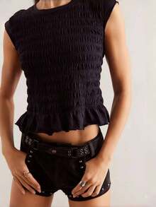 Women Y2K Smocked Shirt Top Summer Cap Sleeve Slim Fit Ruffle Hem Shirred T Shirts Ruched Frill Crop Tank Tops Summer Going Out Tops Tees Streetwear - 黑色 - 查看 3