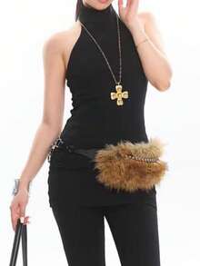 1 件人造毛皮可爱 PU（皮革）一体式系带毛茸茸腰带，复古性感风格，适合春季、夏季、秋季、冬季秋季、万圣节 - 棕色毛毛皮帶款 - 查看 3