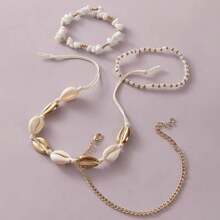 Set de tobillera de cadena con piedras trituradas de verano para mujer, pulsera para el tobillo con dije de concha estilo bohemio, joyería hecha a mano de color dorado con cuentas y lentejuelas, accesorio de playa para pies descalzos
