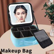 NetHong Large Makeup Bag With LED Mirror Vanity Case Beauty Box Make Up Travel Cosmetic Bag Holiday Essentials UK Back To School - Blue - View 2