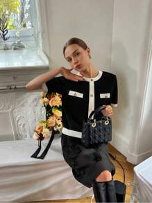 Seelio Women's Short Sleeve Knit Sweater, New French Style Color Block Button Round Neck Fitted T-Shirt Knit Jacket