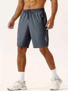 New Summer Lightweight Men's Shorts, 4-Way Stretch, Loose Fit 5-Inch Inseam, Men's Sports Shorts, Beach Shorts, Fitness Shorts, Running Shorts With Pockets, Zipper, Reflective Print, Solid Color - Grey - View 2