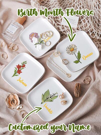 1pc Custom Birthday Flower Ceramic Jewelry Tray, Decorative Trinkets Ring Tray For Organizing Earrings Necklaces Bracelets Watches Keys, Suitable For Women Birthday Gifts, Christmas Gifts, Valentine's Day Gifts, Bridesmaid Gifts, Housewarming Gifts, Mother's Day Gifts, Wedding Gifts.