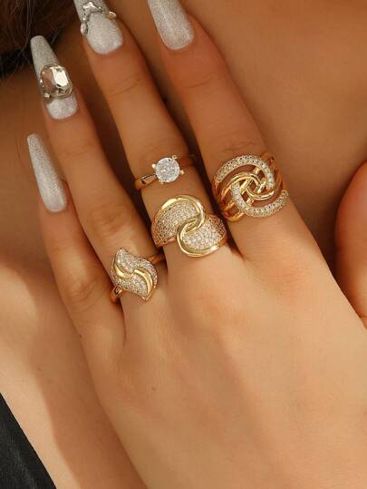 1pc European & American Geometric Rhinestone Ring, Open Design Minimalist Style Luxury Ring For Women