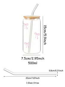 1 Pack, 500ml, Bowknot Pattern, Glass Iced Coffee Cup, With Bamboo Lid, Straw, Cute, Creative, Cold Drink Tumbler, Travel Mug, Christmas Gift, Office, Coffee Lover, Water Bottle, Milk Tea Cup, For Christmas Decorations, Party, Holiday