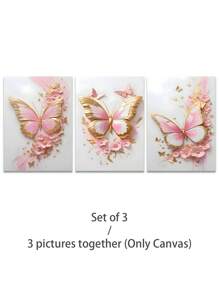 3Pcs/Set, Optional Frame, High Quality Print Painting, Modern Style, Butterfly, Pink, Gold, Flowers, Three-Dimensional Craft, Sweet Style, Home Decoration, Decorative Painting, Suitable For Living Room, Sofa, Bed, Hallway, Bedroom, Bathroom, Office, Perfect Art Gift