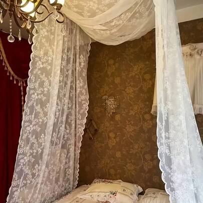 1pc Elegant Black Lace Trim Curtain, Suitable For Outdoor Gazebo, Wedding Party, Living Room And Bedroom, French Romantic Voile Fabric, Adjustable Bedding And Lace, Fits Full/Queen Size Bed