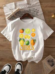 Tangerine Graphic Print Summer T-Shirt, Short Sleeve Round Neck Casual Women's Top For Summer And Spring, Women's Clothing - 白色 - 查看 2