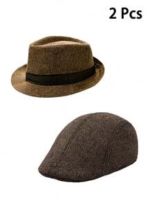 D EXCEED 2 件男士人字纹粗花呢报童常春藤帽和透气巴拿马帽套装，适合旅行、高尔夫、海滩和户外风格时尚服饰配饰