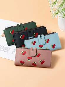 Women's Vertical Snap Cherry Embroidered Compact Minimalist Small Wallet, PU Water-Resistant Lightweight Cash Holder, Suitable As Gift For Girlfriend - Black - View 4