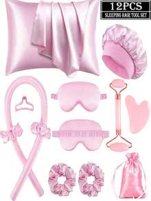 12件套睡眠美发造型工具套装，1个卷发棒，1个真丝枕套（呵护秀发和肌肤），真丝免烫卷发套装，隔夜卷发棒，1个柔软睡眠眼罩，1个双头滚轮按摩器，1个心形刮痧板，返校季，美发配件，卷发器，卷发梳，卷发棒，卷发产品，卷发器，卷发产品，卷发器，卷发棒，卷发工具，卷发器，圣诞节，理发店，卷发棒，卷发器，美发，免烫波浪，发型，美发，卷发，卷发棒，卷发器，免烫卷发，免烫卷发，卷发器，卷发棒，卷发，卷发工具，卷发棒，卷发器，卷发扩散器，头发，旅行，美发产品，美发工具，头发理发用品、理发师、理发配件、理发店、美发设备 - 粉色 - 查看 15