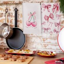 2 piezas Paños de cocina decorativos de estilo universitario en color rosa con moño de cereza, paños absorbentes decorativos para platos, manos, cocina, baño o dormitorio, regalos adecuados para mujeres y niñas