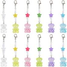 12 pièces 6 styles Pendentif en acrylique transparent d'ours et d'étoile, Breloques en alliage avec fermoir mousqueton, pour sac à dos, porte-clés et ornements, couleurs mélangées, 64mm, 2 pièces/style