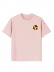 1 Peça Camiseta de Manga Curta de Gola Redonda com Estampa Facial Casual para Meninas Pré-Adolescentes, Camiseta de Verão para Estudantes Jovens - Camiseta com Design Artístico que Inspira Imaginação e Autoexpressão