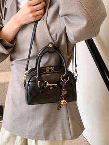 复古咖啡棕色顶部手柄女士保龄球包，全新肩带设计，小巧休闲斜挎包，带结饰，可装手机和零钱包，情人节礼物