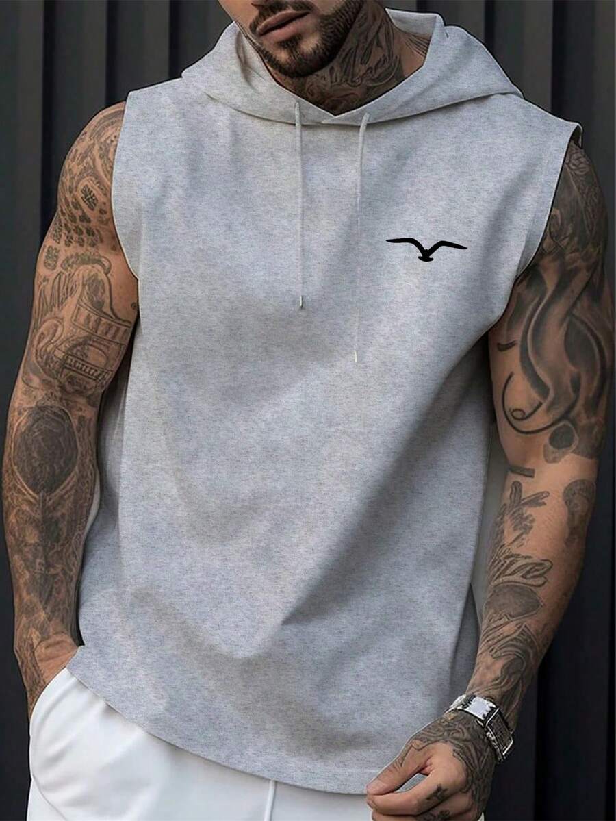 男士图案印花连帽休闲百搭背心，夏季 - 灰色 - 查看 1