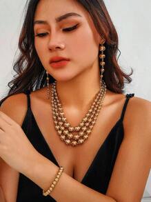 5pcs/Set Summer Beach Gold Beaded Jewelry Set, Ball Bead Necklace, Bracelet, Tassel Earrings, Open Ring, Suitable For Ladies Holiday Party Wear