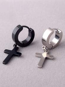 1 par de brincos masculinos com pingente de cruz personalizado, sem piercing, clipes de orelha de aço inoxidável, brincos minimalistas de hip hop para casais, adequados para encontros, férias, festa