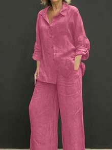 Cardigan casual léger à col polo, blouse élégante de couleur unie polyvalente, convenant pour la plage, le quotidien, les déplacements, le travail, les courses. Tissu doux, pantalon ample à taille élastique, ensemble 2 pièces, printemps/été/automne - Rose vif - Voir 8