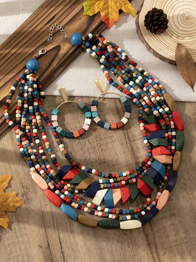 3 قطعة / مجموعة مجموعة مجوهرات متعددة الطبقات من القلادة والأقراط بأسلوب بوهيمي ملون