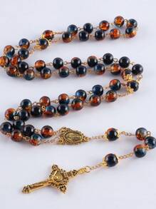 GO2CJBEADS 1 pieza Collar con colgante de cruz de 10mm con 59 cuentas de cristal de colores variados, estilo casual. Collar de oraciones católicas con cuentas de cristal agrietadas, colgante de cruz en cadena larga para suéter.
