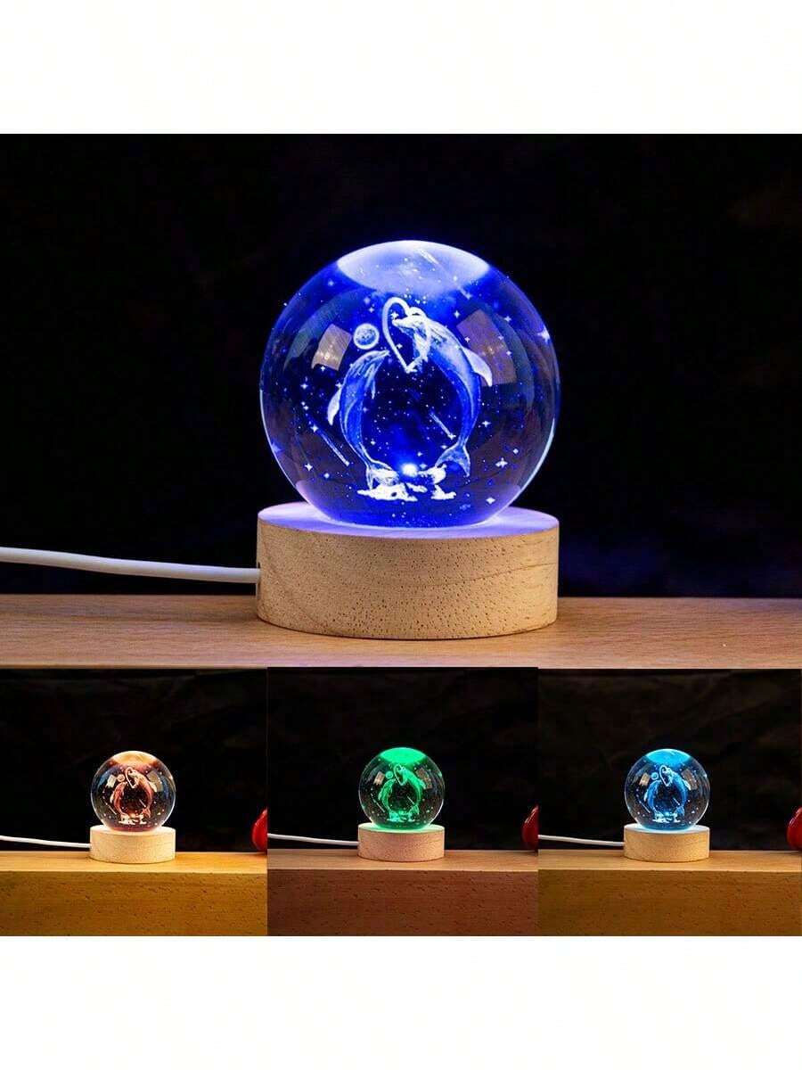 1 件手工制作 6 厘米 3D 海豚爱心系列水晶球小夜灯，触摸开关七彩可控照明，家居圣诞派对装饰，办公桌，学生书桌装饰，圣诞礼物小夜灯
