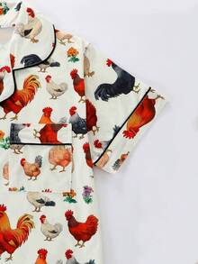 2pcs Set Women Summer Casual Short Sleeve Pajamas, Lapel Button Short Sleeve Top And Loose Elastic Shorts, Cartoon Animal Chicken Pattern, Comfortable & Loose, Suitable For All Seasons, Homewear