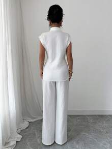 LilyHouse 女士夏季套装，系带无袖打结上衣搭配休闲直筒裤，适合日常通勤/商务/办公场合，情人节穿搭，春季白色 - 白色 - 查看 3