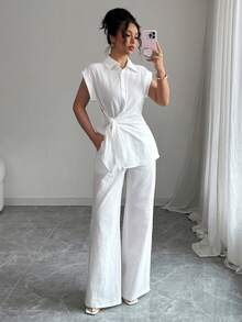 LilyHouse 女士夏季套装，系带无袖打结上衣搭配休闲直筒裤，适合日常通勤/商务/办公场合，情人节穿搭，春季白色 - 白色 - 查看 8