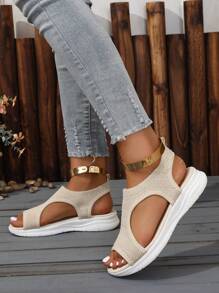 Sandalias deportivas de punto, sandalias con suela gruesa en blanco y negro, sandalias de estilo bohemio de patchwork y calado, estilo casual de vacaciones para mujer, sandalias de playa de verano con suela blanda