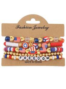 5pcs Heart, National Flag, And Star Decor Bracelets Set, Fashionable Creative Design Suitable For Men And Women, Perfect Holiday Gift (Individual Bracelets May Have Minor Color Bleeding, Which Is A Normal Phenomenon)