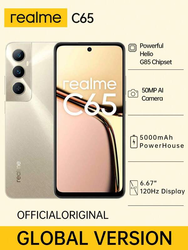 Realme C65 Global Entsperrtes Smartphone: 6,67" HD+ 120Hz Display, leistungsfähiger Helio G85 Chipsatz, 8GB+256GB, 5000mAh Akku & 15W Schnellladung, Android 14 (Gold/Schwarz)