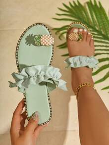 薄荷绿荷叶边珍珠菠萝装饰人字拖，时尚百搭 - 薄荷綠 - 查看 1