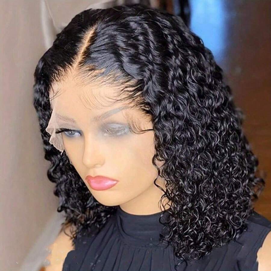 200 Density 16 Inch Curly Short Bob Lace Front Human Hair Wigs For Women Depp Wave 13x4 HD Transparent Brazilian Lace Frontal Wig Closure Swiss Lace Wig Water Wave Pre Plucked,99J,4/27,613,27#,4# - Natural Black - 查看 1