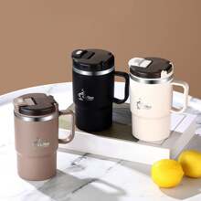 1pc 450/500ml 304 Stainless Steel Coffee Mug With Tea Strainer & Folding Spoon, Double Layer Thermal Insulated Coffee Cup With Handle, Leak-Proof Milk Tea Water Cup, Anti Scalding Drinking Cup Drinkware For Hot & Cold Water, Suitable For Adults & Students Use In Kitchen, School, Office, Dorm, Party, Picnic And Camping