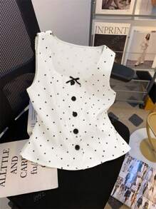 Women's Elegant Casual Black & White Polka Dot Bow Decor Button Front Camisole Tank Top, Summer All-Match Versatile Design